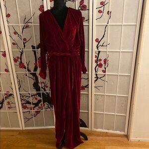 Luxurious Velvet Long Sleeve Jumpsuit in Deep Red